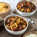 Delicious bowl of chili and noodles, garnished with fresh herbs and spices.