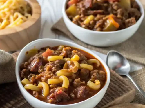 Delicious bowl of chili and noodles, garnished with fresh herbs and spices.