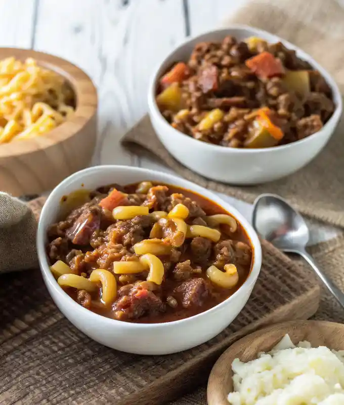 Delicious bowl of chili and noodles, garnished with fresh herbs and spices.