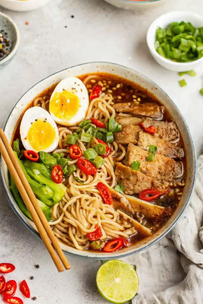 Bowl of beef ramen noodle soup recipe garnished with green onions and tender steak.