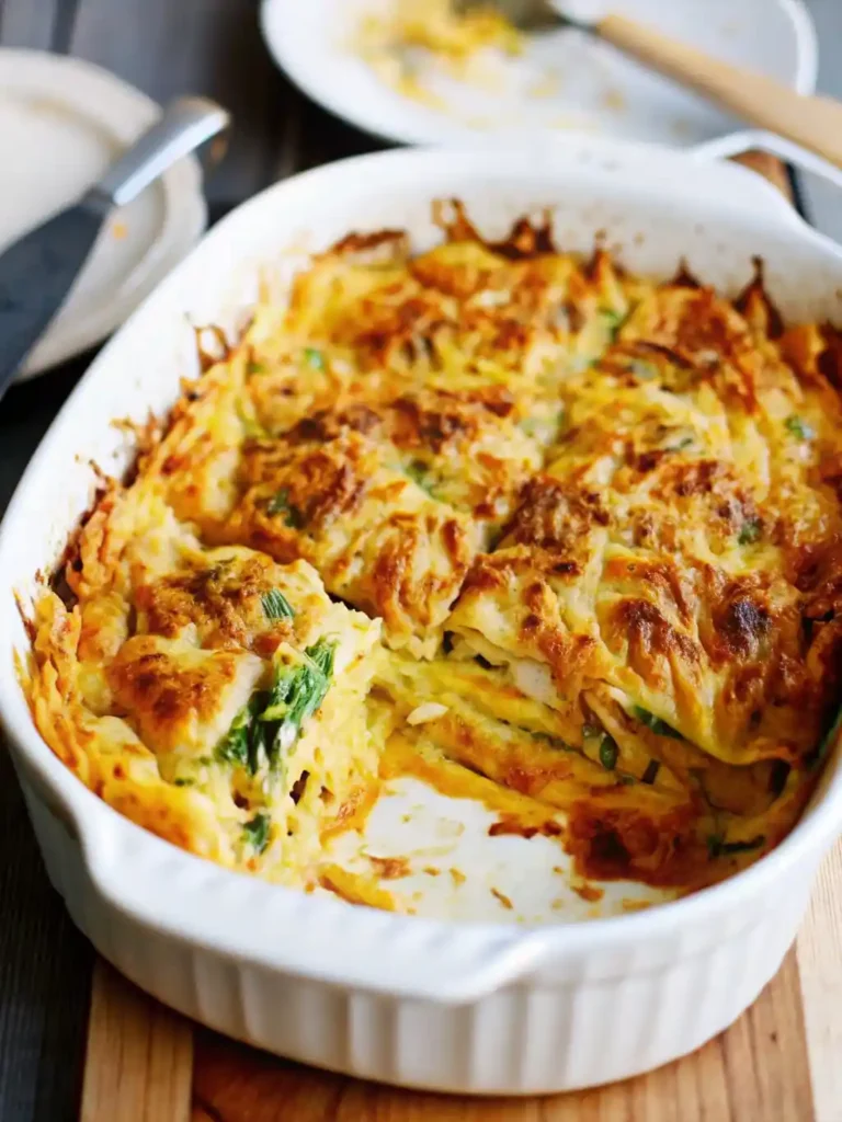 butternut squash and spinach lasagna in a white casserole dish