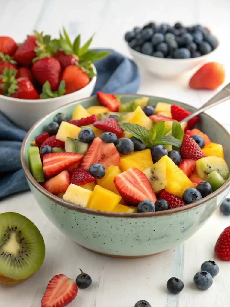 Colorful summer fruit salad with strawberries, blueberries, kiwi, and mango served in a rustic bowl