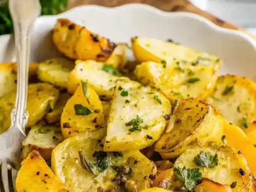 Delicious sautéed patty pan squash with garlic and herbs served as a side dish.