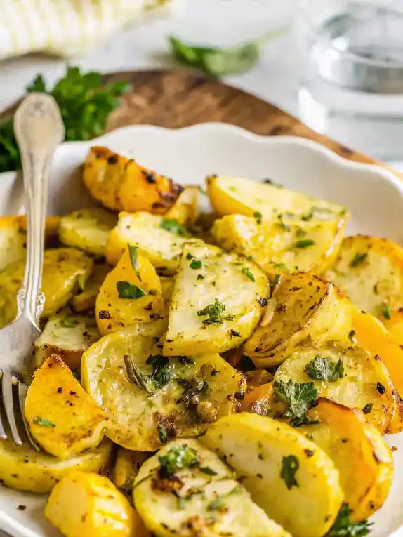Delicious sautéed patty pan squash with garlic and herbs served as a side dish.