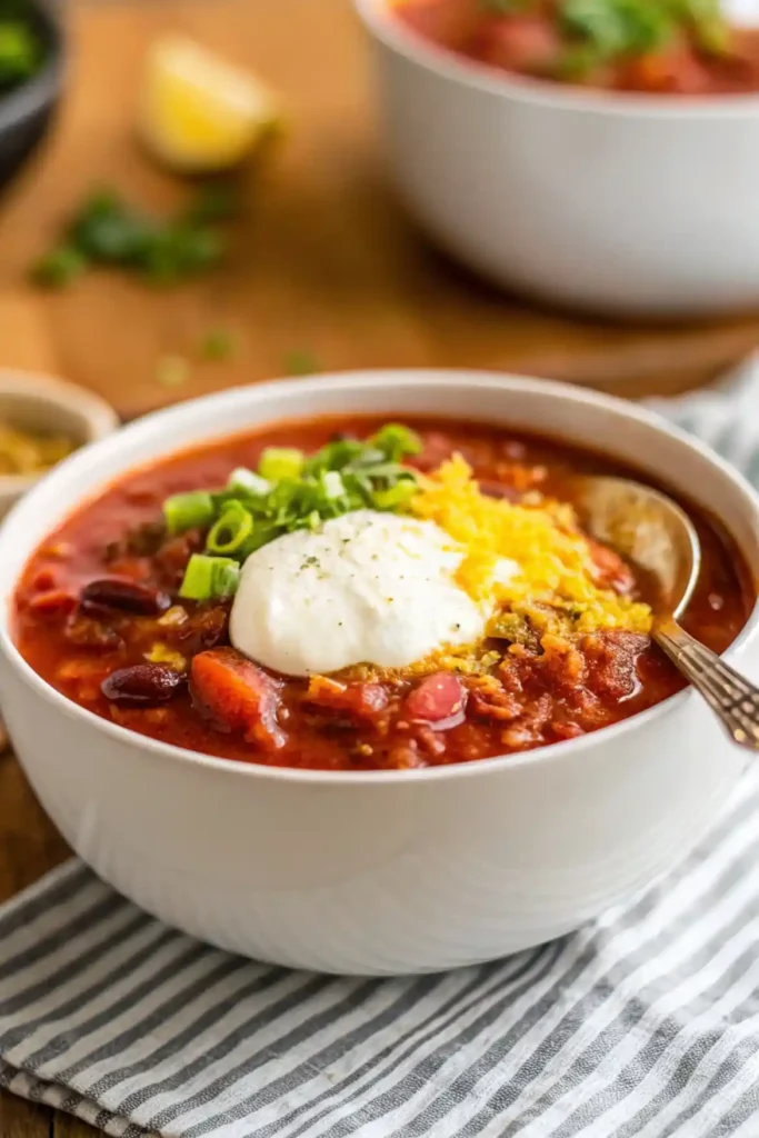 Bowl of hearty vegan chili loaded with beans and vegetables