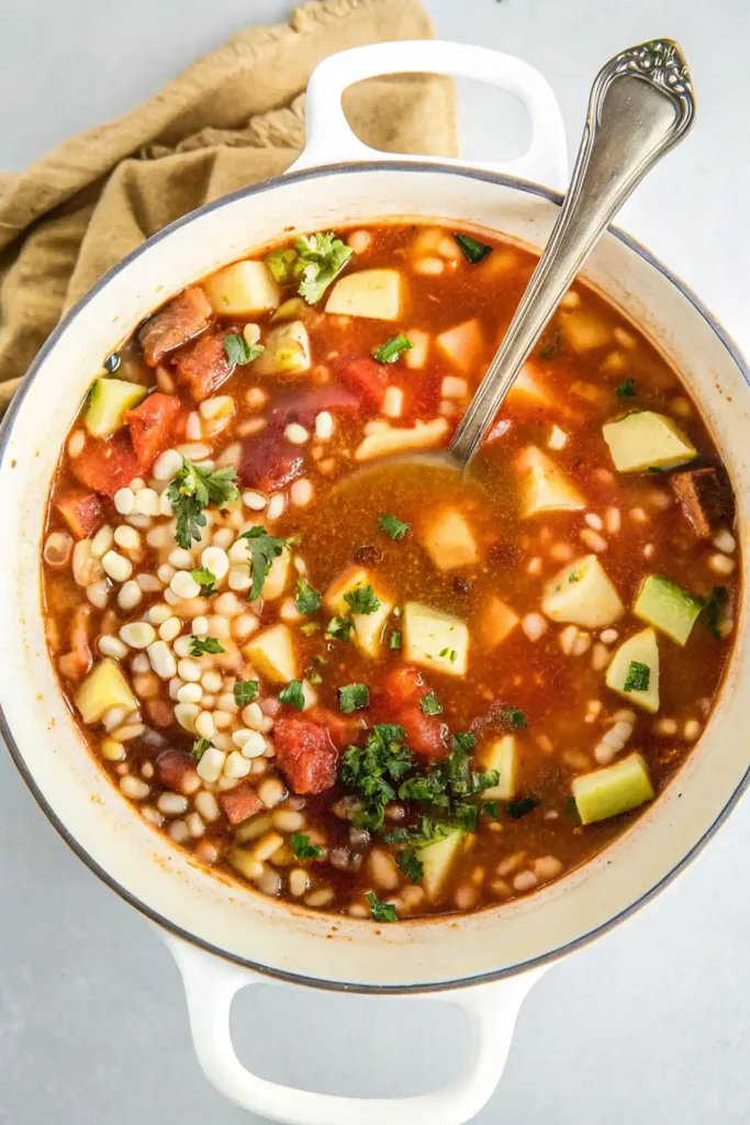 Three Sisters Soup Recipe in a white pot.