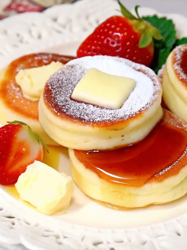 Fluffy Japanese soufflé pancakes topped with butter, syrup, and fresh strawberries