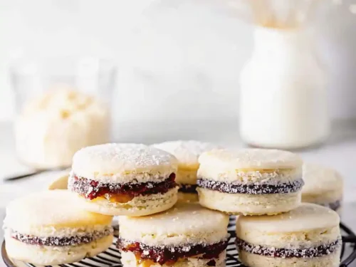 Classic Argentine Alfajores filled with dulce de leche and rolled in coconut.