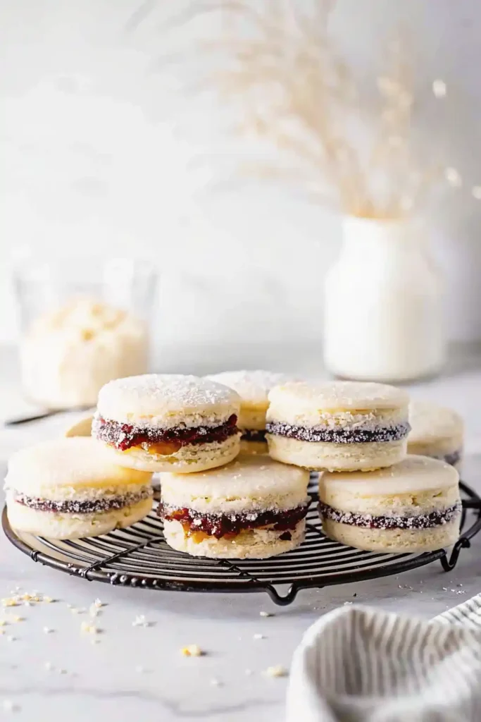 Classic Argentine Alfajores filled with dulce de leche and rolled in coconut.