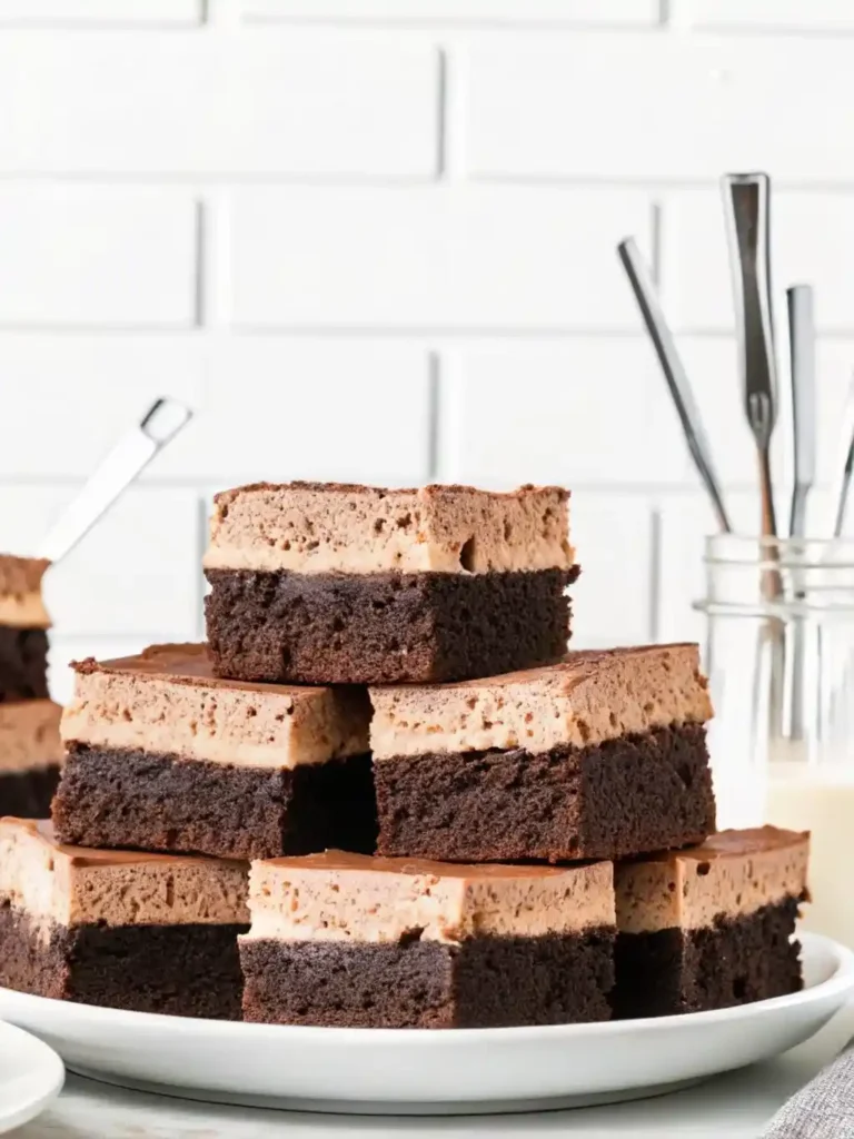 a stack of Chocolate Mousse Brownies on the plate.