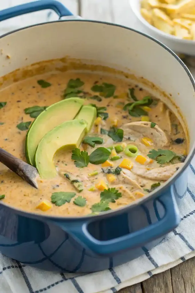 Navy blue pot full of white chicken chili recipe. Chili includes pieces of chicken, pinto beans, corn, green chilies and a creamy broth, it is garnished with avocado and cilantro.