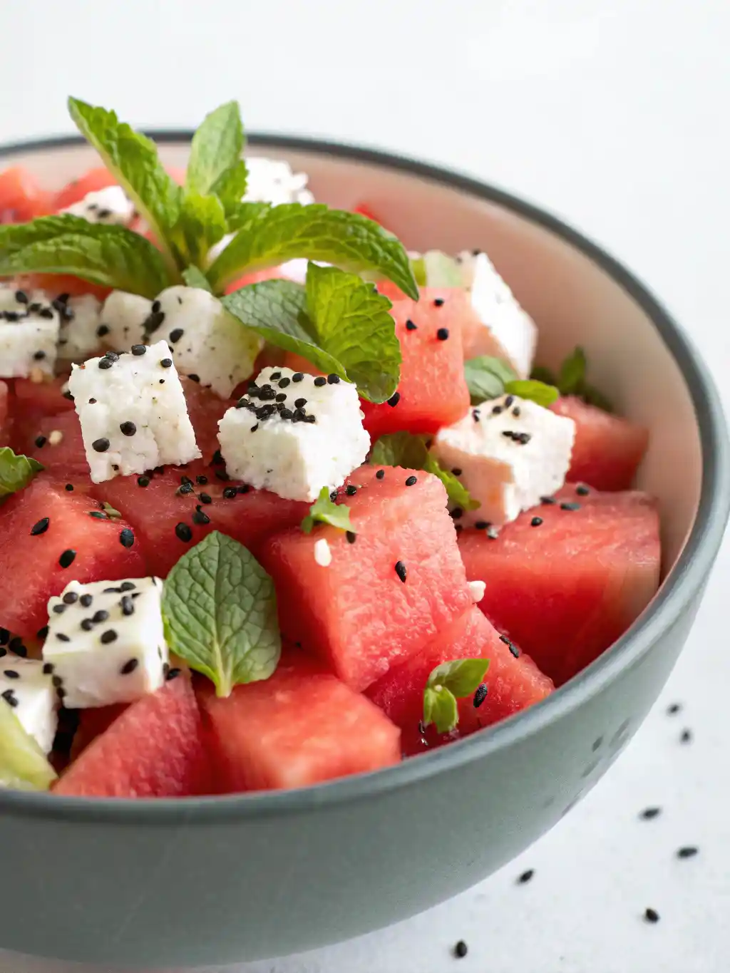Fresh and colorful strawberry watermelon salad recipe with cucumbers, feta cheese, mint, and lime, perfect for summer recipe ideas.