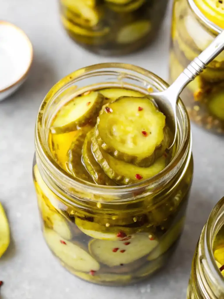 Bread and Butter Pickles being picked up from a Jar Using a Fork