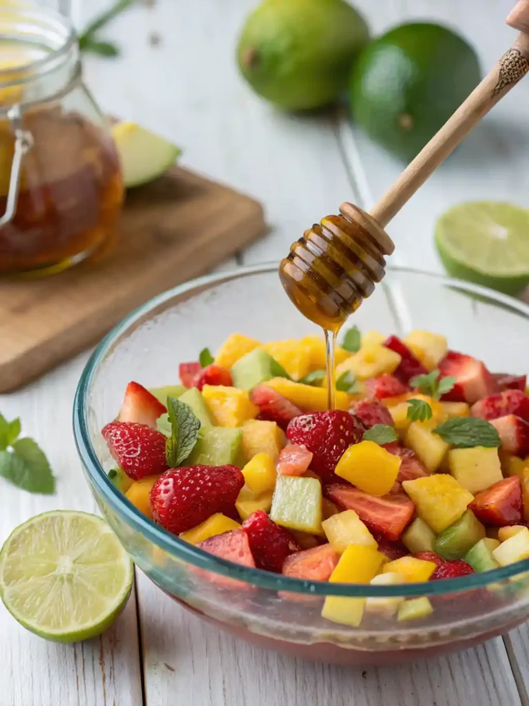 Bowl of honey lime fruit salad with strawberries, kiwi, mango, and melon, drizzled with honey and garnished with fresh mint leaves.