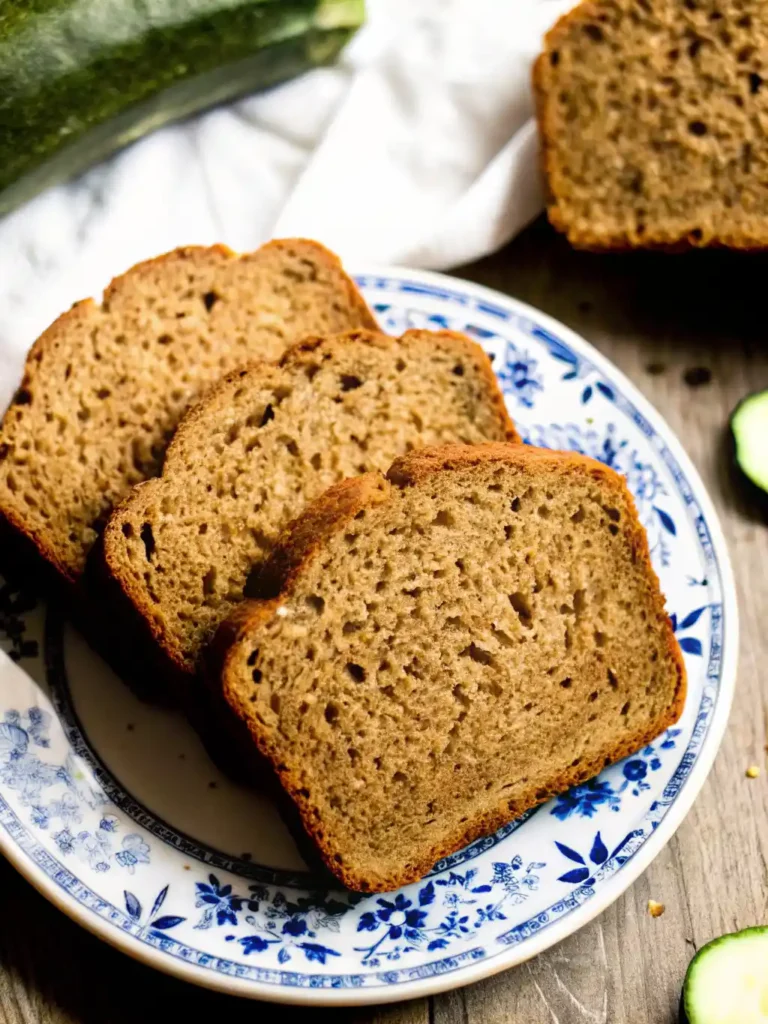 3 zucchini bread slices on blue floral plate