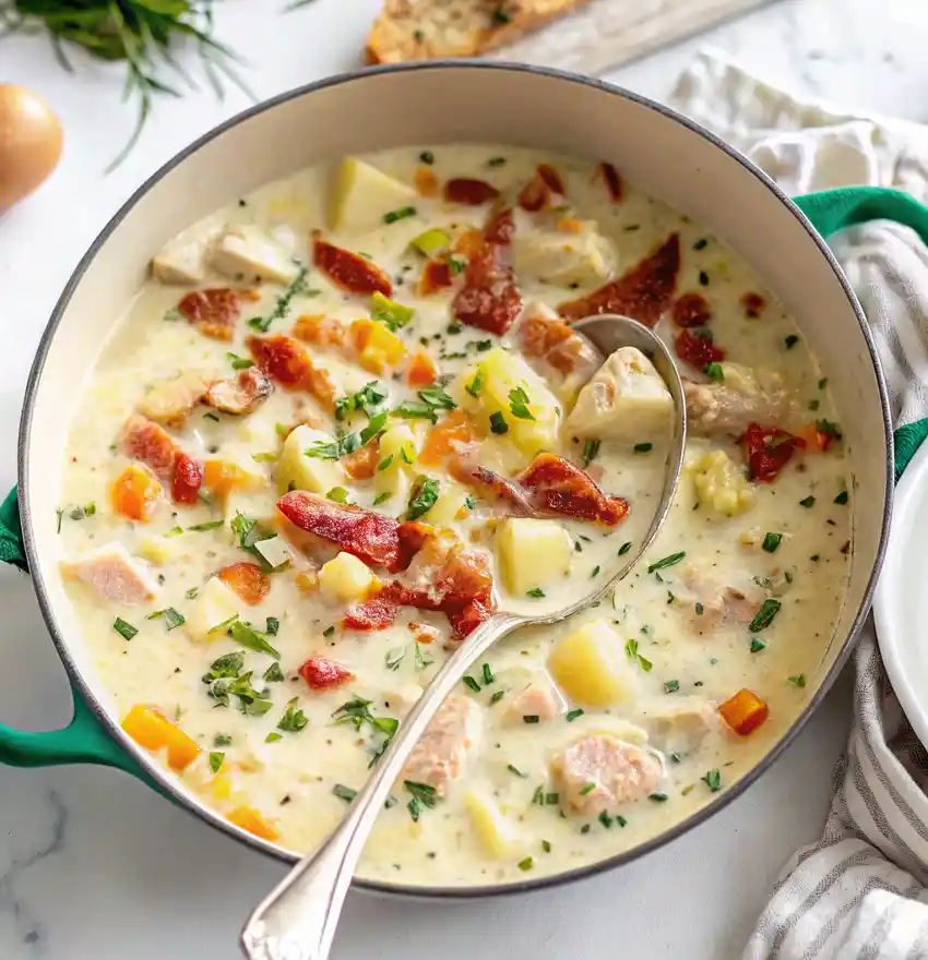 A soup pot filled with Creamy Chicken and Potato Soup with bacon and chives on top.