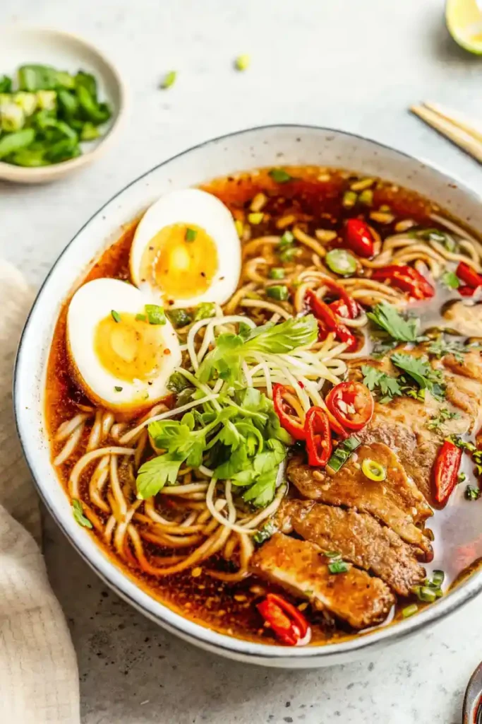 A bowl filled with ramen noodle soup recipe is garnished with black and white sesame seeds.