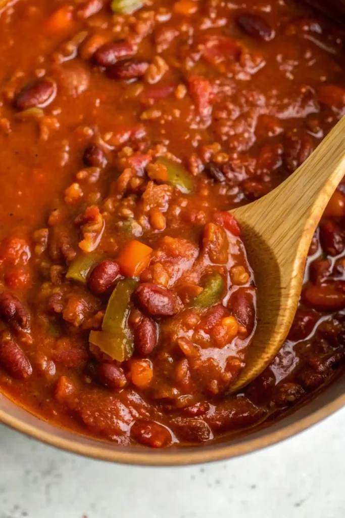 close up photo of vegan chili in pot with wooden spoon