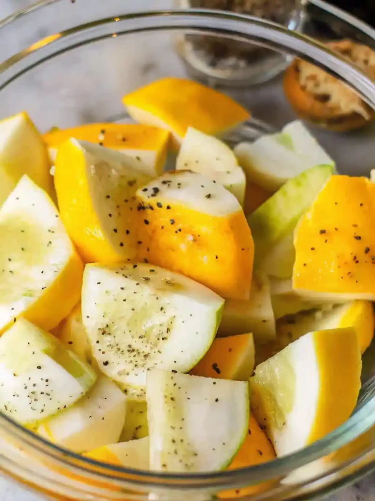 adding seasonings to squash to make Roasted Patty Pan Squash.