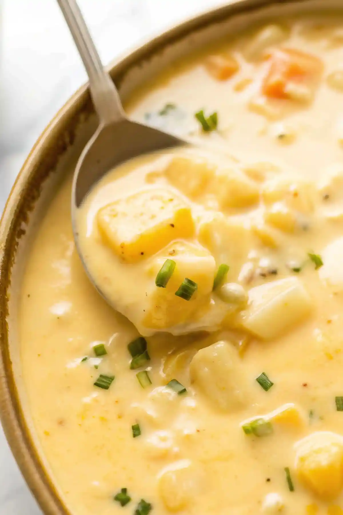 Bowl of creamy cheesy potato soup topped with crispy bacon and green onions
