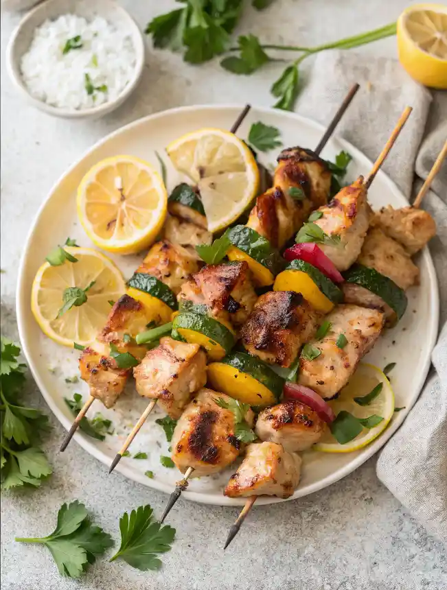 Grilled lemon herb chicken skewers with colorful vegetables and fresh lemon slices on a plate, perfect for easy summer recipe ideas.