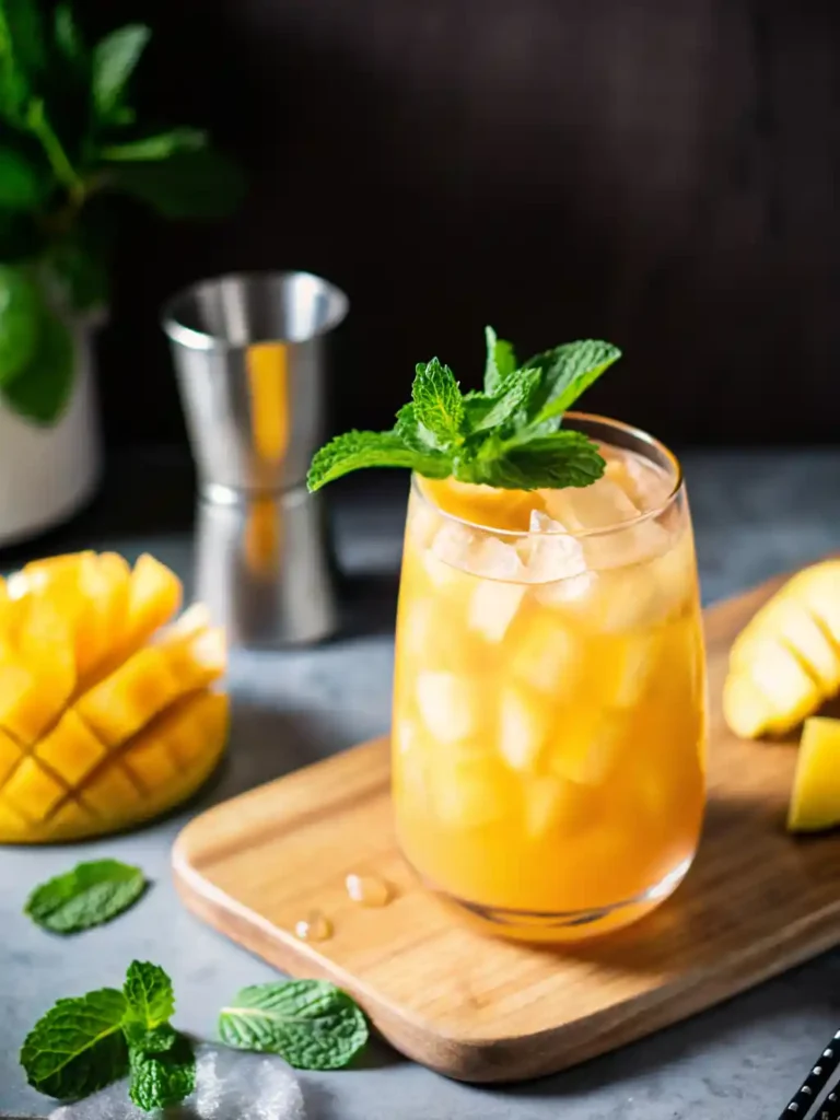 Refreshing glass of mango iced tea garnished with fresh mint and ice cubes on a wooden board, perfect for summer recipe ideas.