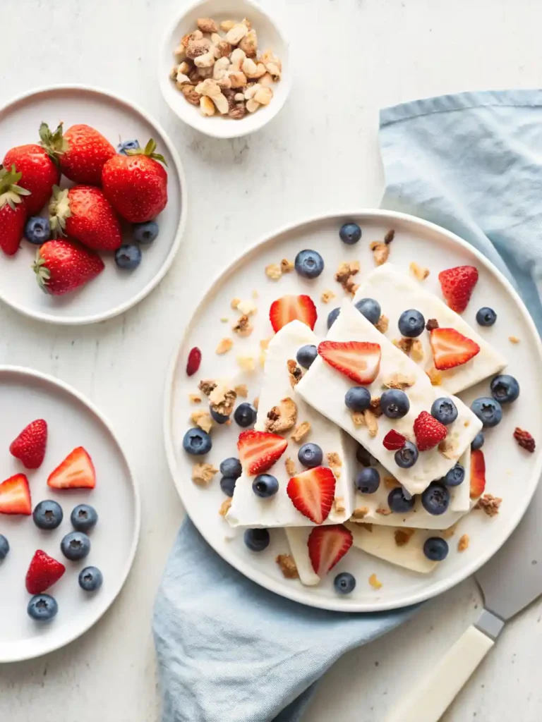 Frozen yogurt bark topped with fresh strawberries, blueberries, and granola on a white plate