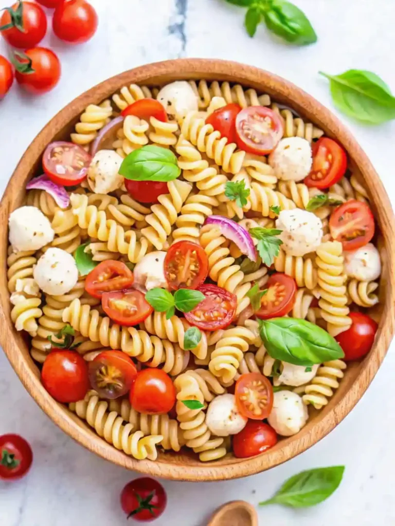 Wooden bowl filled with Caprese pasta salad made of rotini pasta, cherry tomatoes, mozzarella balls, red onion, and fresh basil leaves