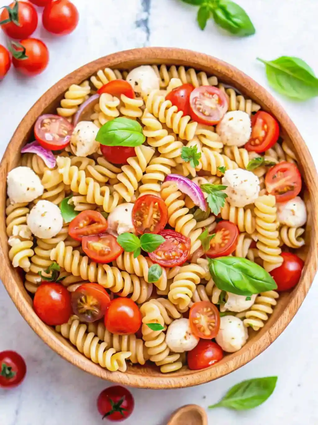 Wooden bowl filled with Caprese pasta salad made of rotini pasta, cherry tomatoes, mozzarella balls, red onion, and fresh basil leaves