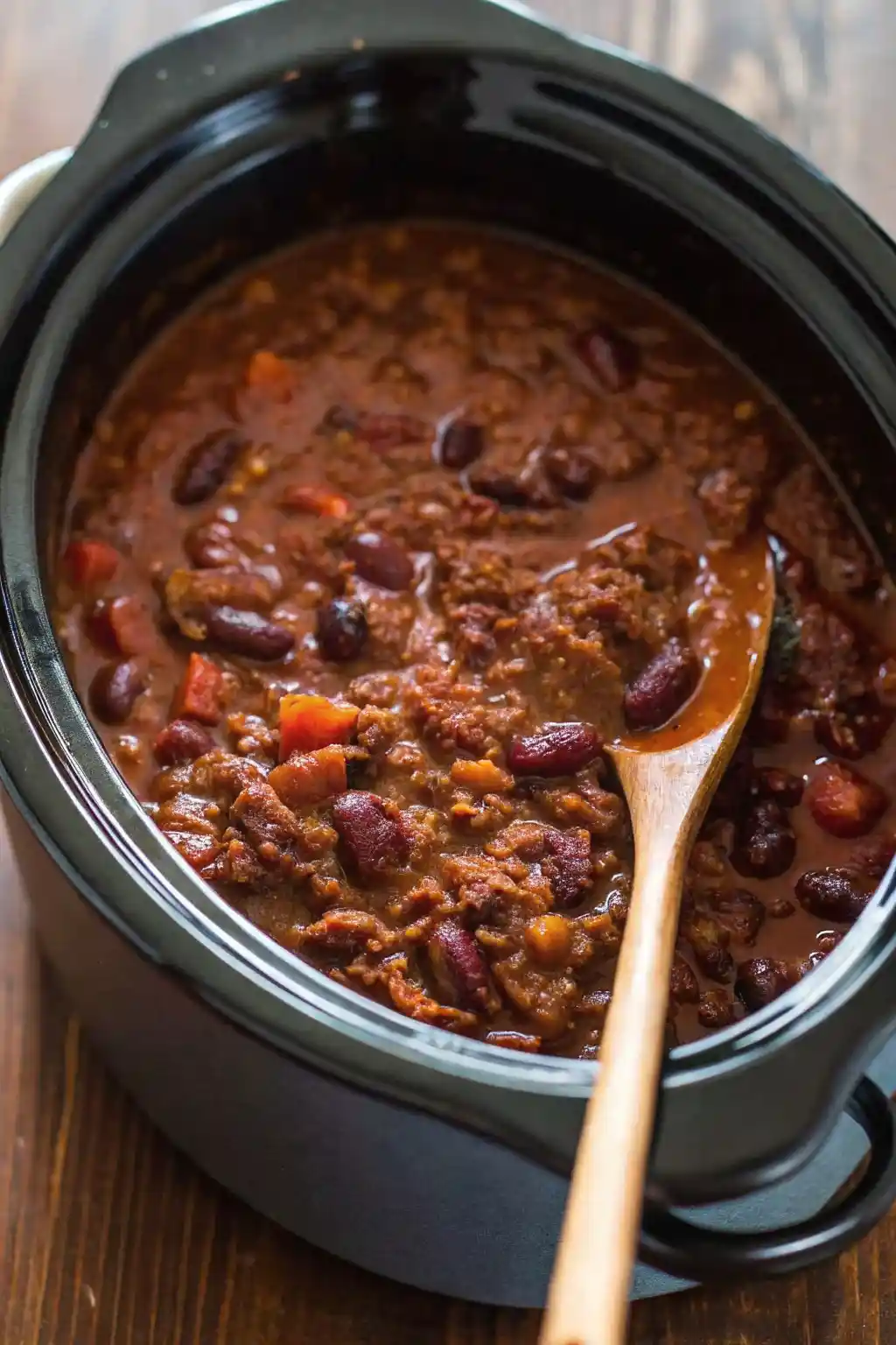 Delicious chili crock pot recipe with ground beef and beans in a slow cooker.