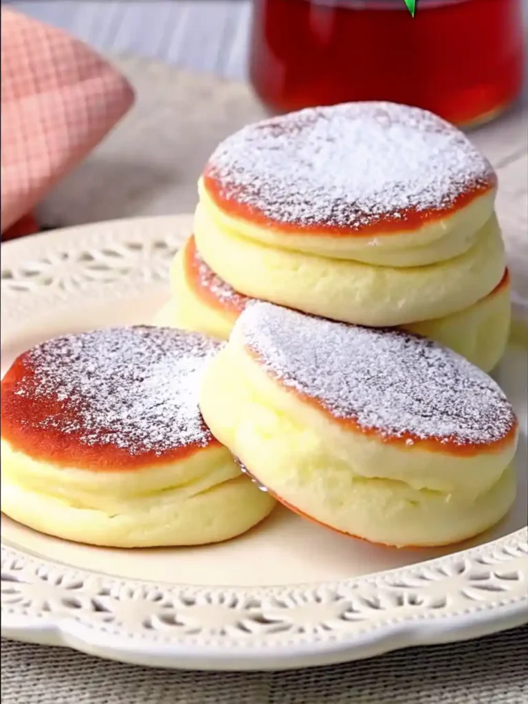 Stack of fluffy Japanese soufflé pancakes dusted with powdered sugar