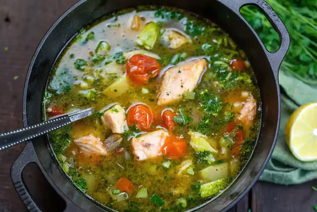 salmon fish soup recipe finished in the pot.