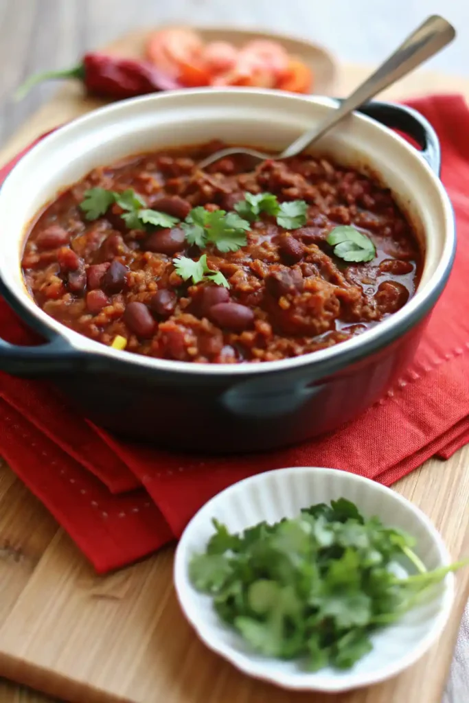 Delicious low sodium chili with beef and vegetables in a bowl.