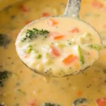 Bowl of creamy broccoli cheddar potato soup with broccoli florets and sharp cheddar cheese.