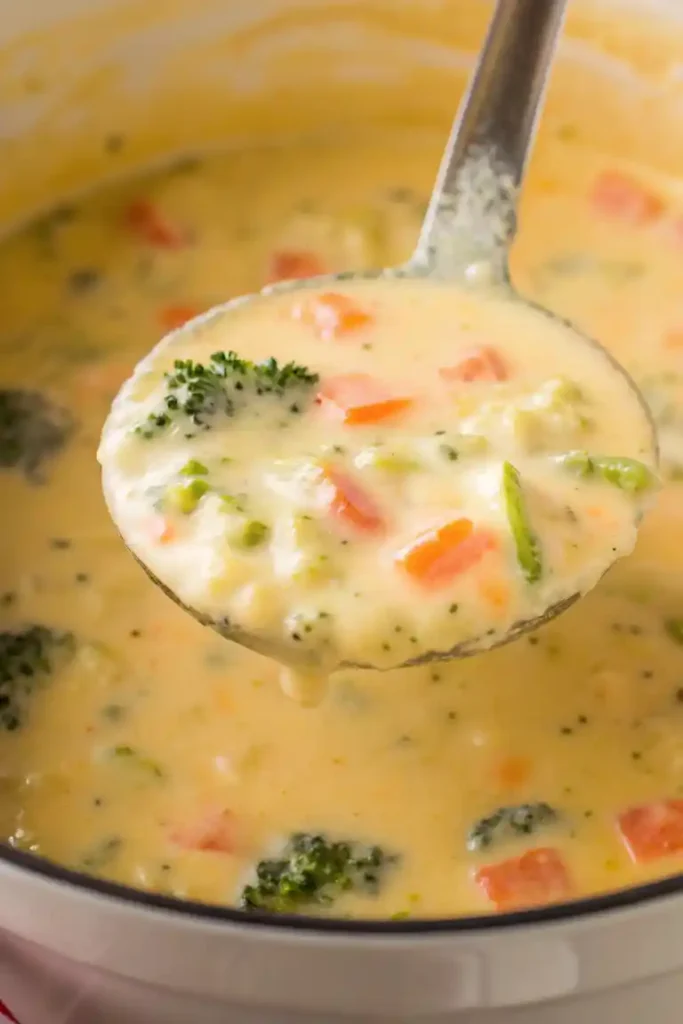 Bowl of creamy broccoli cheddar potato soup with broccoli florets and sharp cheddar cheese.