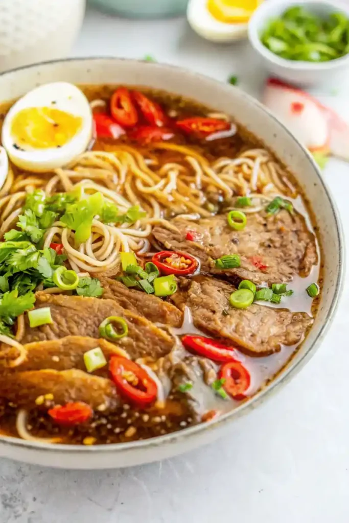 Bowl of beef ramen noodle soup recipe garnished with green onions and tender steak