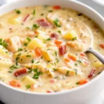 Creamy chicken and potato soup with tender potatoes and juicy chicken in a bowl.