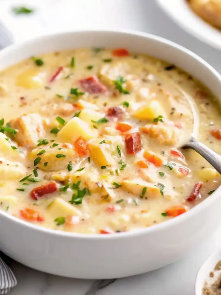 Creamy chicken and potato soup with tender potatoes and juicy chicken in a bowl.