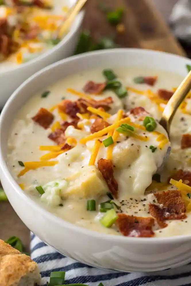 Creamy Potato Soup, loaded with bacon and cheese
