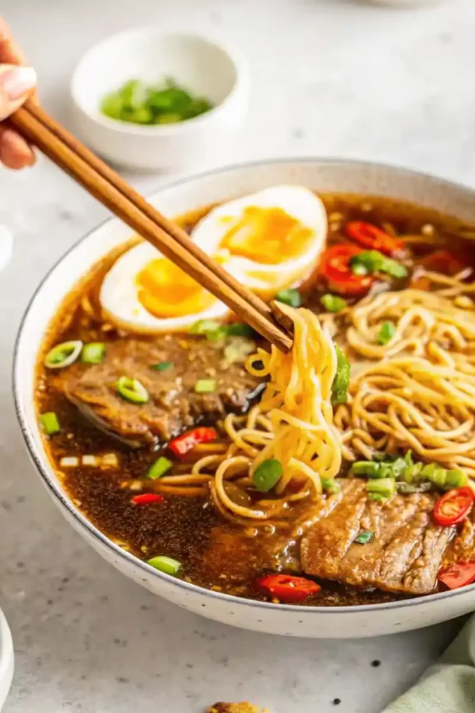 Noodles are being lifted from the bowl of ramen noodle soup recipe.