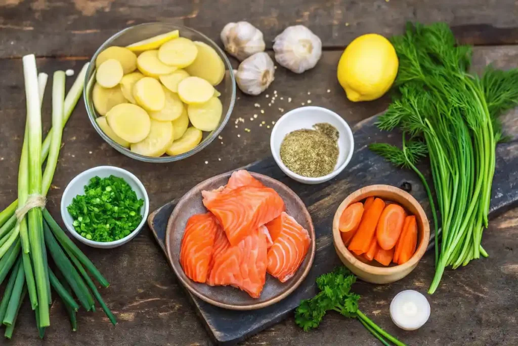 Ingredients for salmon fish soup recipe. Salmon, potatoes, carrots, spices, fresh dill, green onions, lemon, garlic, bell peppers