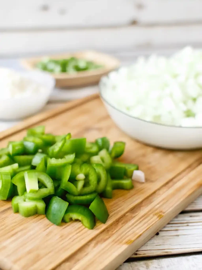 peppers and onions on a cutting board.