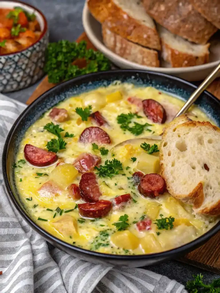Delicious kielbasa potato soup with crispy sausage, cheesy broth, and tender potatoes.