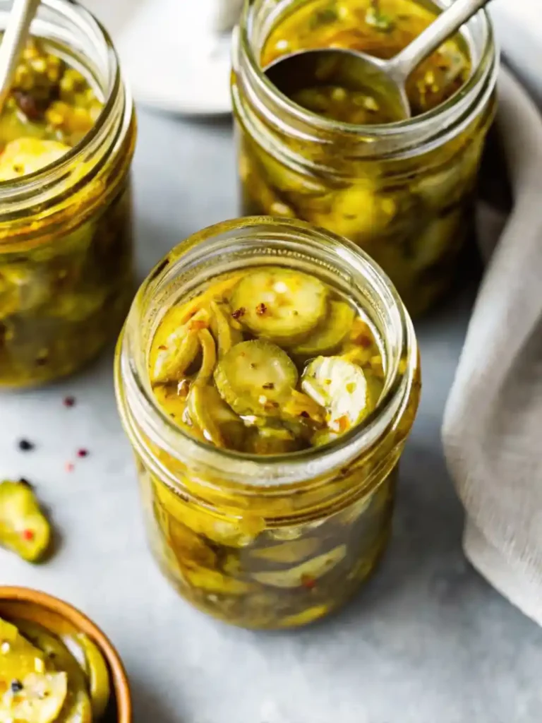 Bread and Butter Pickles in Jars with One Jar Open