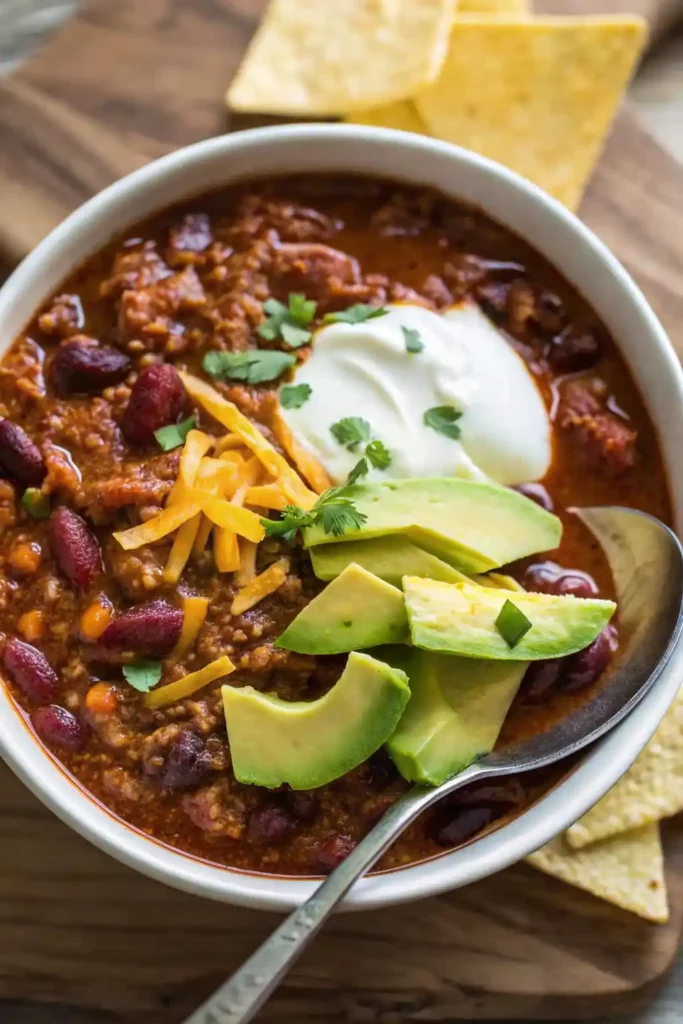 Delicious chili crock pot recipe with ground beef and beans topped with avocado in a bowl.