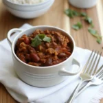 Delicious low sodium chili with beef and vegetables in a bowl.