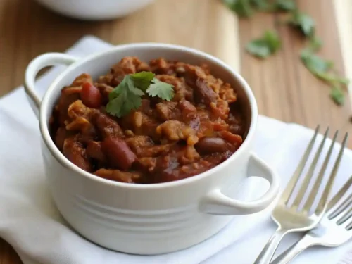 Delicious low sodium chili with beef and vegetables in a bowl.