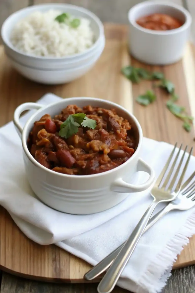 Delicious low sodium chili with beef and vegetables in a bowl.