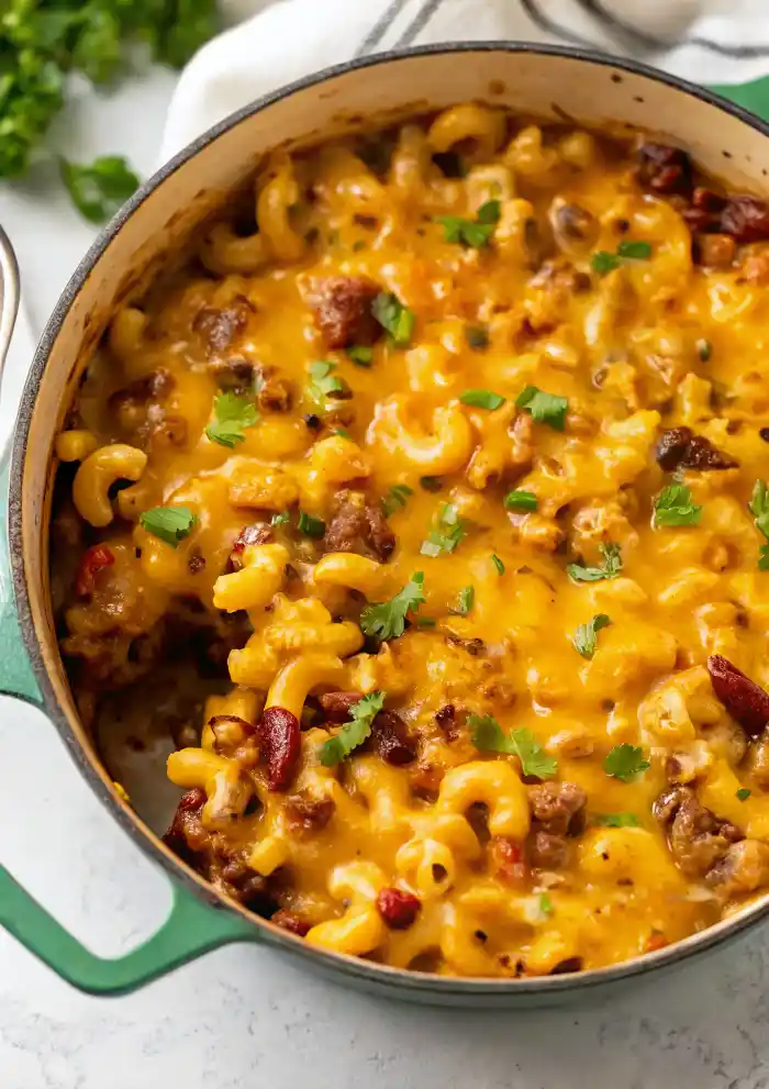 Creamy chili mac with homemade chili and macaroni cheese in a bowl.