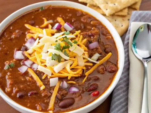 Delicious quick and easy chili recipe in a bowl with toppings.